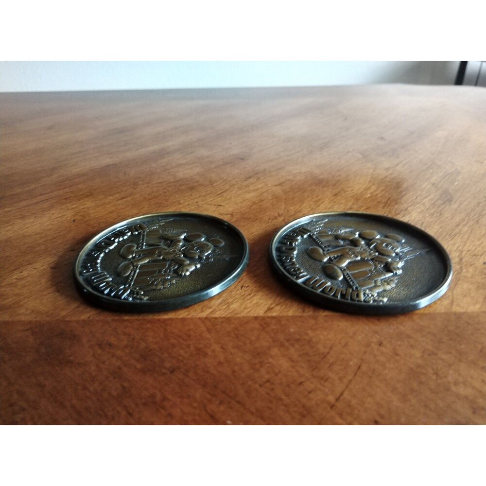 Vintage Set Lot 2 Bronze Walt Disney World Mickey Mouse Coasters Canada 3.25"Dia - Picture 5 of 13